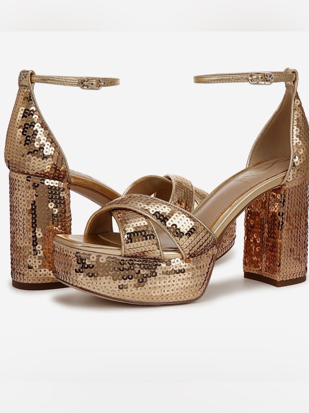 🌸SAM EDELMAN🌸 Jullian2 Platform Amber Gold Sequin Sandal Size: 6.5 - Picture 3 of 11